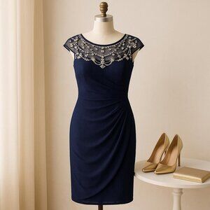 Navy Blue Cocktail Dress with Beaded Illusion Neckline – Elegant Party or Formal
